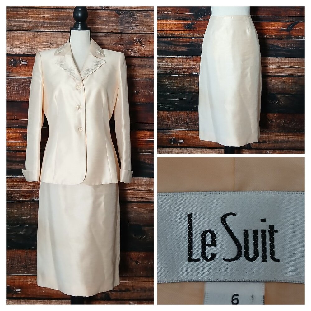 Le Suit Two Piece Skirt Suit 6 Champagne Embroidered Beaded Pencil Blazer